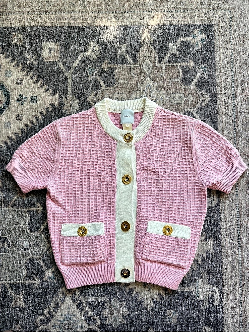 Patou Waffle-knit cotton cardigan Pink & Cream Small